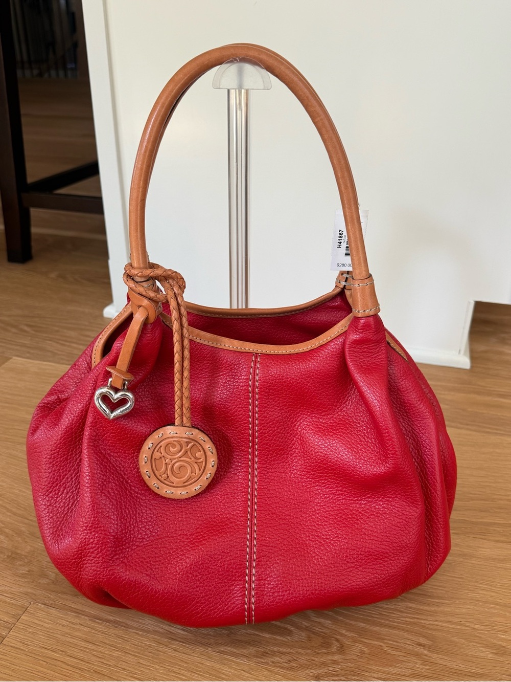 Brighton Tatum Red Pebbled Leather Handbag With Tan Leather NWT